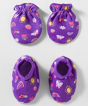 Babyhug 100% Cotton Knit Mittens & Booties With Floral & Rainbow Print - Multicolor