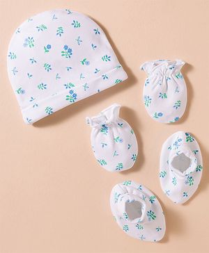 Babyhug 100% Cotton Interlock Knit Cap, Mittens & Booties Set With Floral Print White - Diameter 16 cm