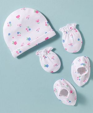 Babyhug 100% Cotton Knit Cap Mittens & Booties Set with Floral Print White - Diameter 16 cm