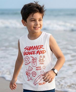 Pine Kids Cotton Knit Sleeveless Tank T-Shirt with Vacation Print - White
