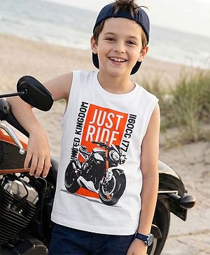 Pine Kids Cotton Knit Sleeveless Tank T-Shirt with Just Ride Print - White