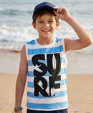 Pine Kids Cotton Knit Sleeveless Striped Tank T-Shirt with Surfing Print - White