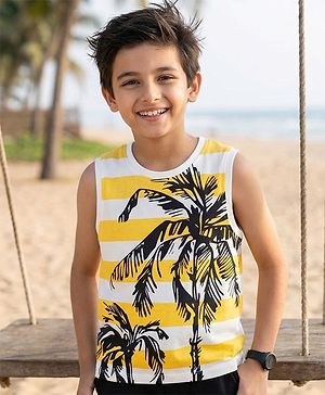 Pine Kids Cotton Knit Sleeveless Striped Tank T-Shirt with Coconut Tree Print - White