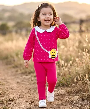Babyhug Terry Knit Full Sleeves Top
                              & Leggings Set With Honeybee Patch
                              & Polka Dot Print - Fuchsia