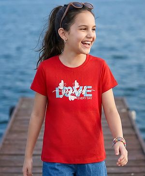 Pine Kids Cotton Knit Half Sleeves T-Shirt With Butterfly Print - Red