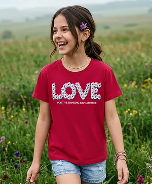 Pine Kids 100% Cotton Knit Half
                              Sleeves Floral Printed T-Shirt - Red