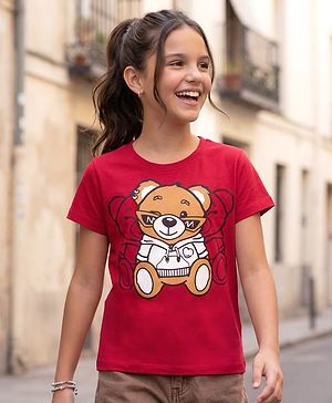 Pine Kids Cotton Knit Half Sleeves T-Shirt With Teddy Bear Print - Red