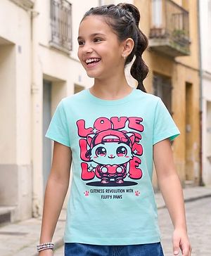 Pine Kids Cotton Knit Half Sleeves T-Shirt with Text Print - Aqua Blue