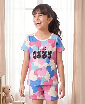 Pine Kids Cotton Knit Half Sleeves T-Shirt & Shorts Night-Suit With Heart & Text Print - Multicolor