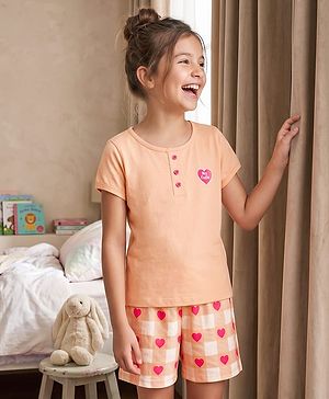 Pine Kids Cotton Knit Half Sleeves  Heart Printed T-Shirt & Shorts Night Suit - Cream