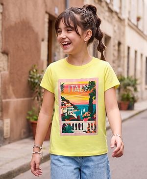 Pine Kids Cotton Knit Half Sleeves T-Shirt With Italy Print - Yellow