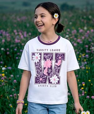 Pine Kids Cotton Knit Half Sleeves T-Shirt With Floral Print - White