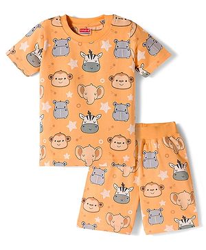 Babyhug Cotton Knit Half Sleeves Animal Printed Co-Ords T-Shirt & Shorts Night Suit - Orange