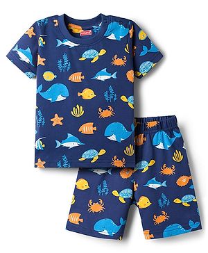 Babyhug Cotton Knit Half Sleeves Co-Ords T-Shirt & Shorts Night-Suit With Sea Life Print - Navy Blue