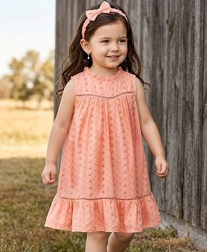 Babyhug Cotton Woven Sleeveless Floral Embroidered Schiffli A Line Frock with Headband - Peach