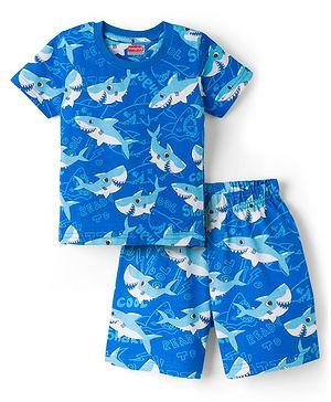 Babyhug Cotton Knit Half Sleeves Sea Life Printed Co-Ords T-Shirt & Shorts Night Suit - Blue