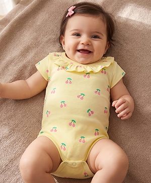 Babyhug 100% Cotton Knit Half Cap Sleeves Onesie with Cherry Print - Yellow