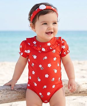 Babyhug 100% Cotton Knit Half Sleeves Floral Printed Onesie With Headband - Red
