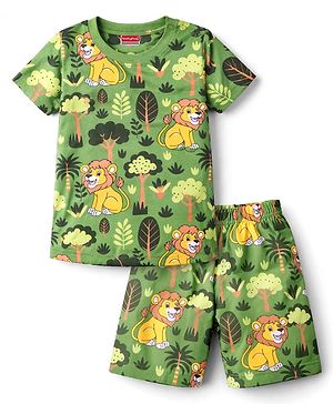 Babyhug Cotton Knit Half Sleeves Jungle Theme Printed Co-Ords T-Shirt & Shorts Night Suit - Green