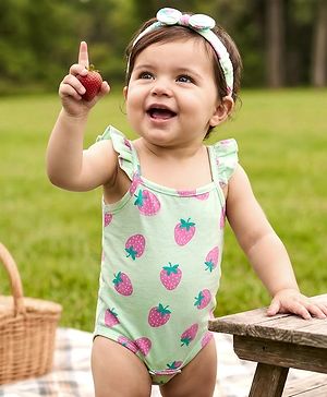 Babyhug 100% Cotton Knit Frill Sleeves Onesies with Headband & Strawberry Print - Sea Green