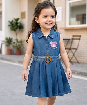 Babyhug Woven Sleeveless Denim Frock With Heart Embroidery & Belt - Blue