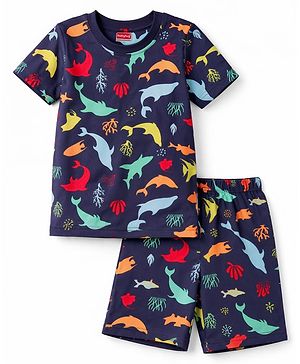 Babyhug Cotton Knit Half Sleeves Sea Life Printed Co-Ords T-Shirt & Shorts Night Suit - Navy Blue