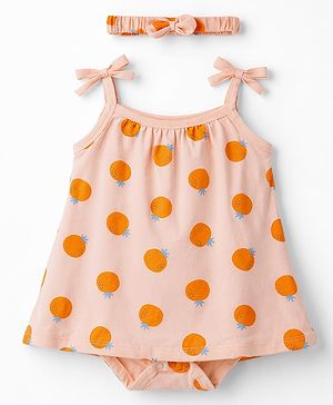 Babyhug 100% Cotton Knit Sleeveless Frock Style Onesie With Orange Print & Headband - Multicolor