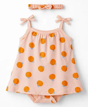 Babyhug 100% Cotton Knit Sleeveless
                              Frock Style Onesie With Orange Print &
                              Headband - Multicolor