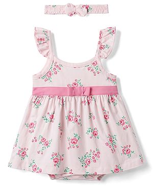 Babyhug 100% Cotton Single Jersey Knit Frock Style Onesie & Hairband With Floral Print - Multicolor