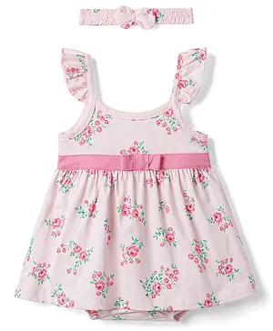 Babyhug 100% Cotton Single Jersey
                              Knit Frock Style Onesie & Hairband
                              With Floral Print - Multicolor