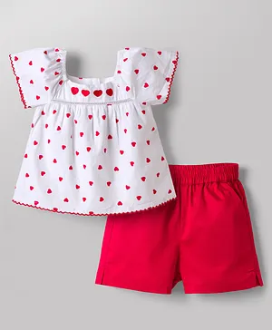Babyoye Poplin Woven Half Sleeves Top
                              & Shorts Set with Heart Print - White
                              & Red