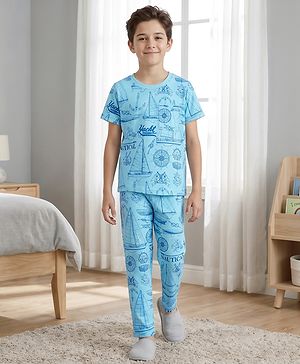 Pine Kids Cotton Knit Half Sleeves Co-Ord T-Shirt & Pyjama Night-Suit With Ship Print - Blue