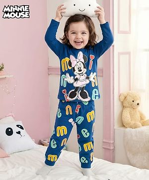 Babyhug Disney Single Jersey Knit Full Sleeves Co-ords T-Shirt & Pajama Night Suit with Minnie Mouse Graphic - Blue