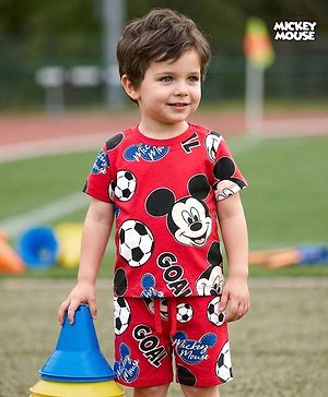 Babyhug Disney Single Jersey Knit Half Sleeves Co-ords T-Shirt & Shorts Night Suit with Mickey Mouse Graphic - Red