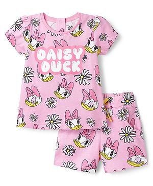 Babyhug Disney Single Jersey Knit Half Sleeves Co-ords T-Shirt & Shorts Night Suit with Daisy Duck Graphic - Pink