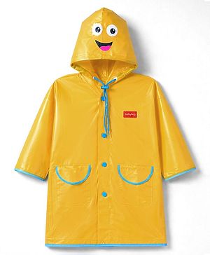 Babyhug Full Sleeves Hooded Raincoat with Smiley Print & Pocket Detailing - Yellow
