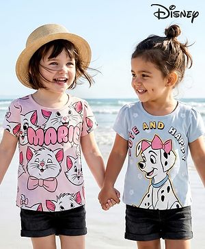 Babyhug Disney Knit Half Sleeves T-Shirts with Disney Character Graphic Pack of 2 - Light Blue & Pink