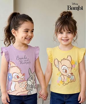 Babyhug Disney Single Jersey Knit Frill Sleeves T-Shirt with Bambi Graphic Pack of 2 - Multicolor