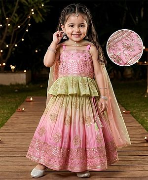 Babyhug Net Woven Sleeveless Lehenga Choli Set With Sequin Detailing & Dupatta - Green & Pink