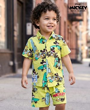 Babyhug Disney Single Jersey Knit Half Sleeves Shirt & Shorts Co-ord Set With Mickey Mouse Graphics - Multicolor