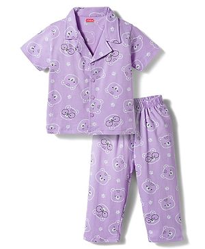 Babyhug Cotton Knit Half Sleeves Shirt & Pyjama Co-ord Night Suit With Teddy Bear Print - Lavender