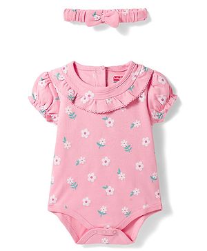 Babyhug 100% Cotton Knit Half Puffed Sleeves Floral Printed Onesie with Hairband - Light Pink