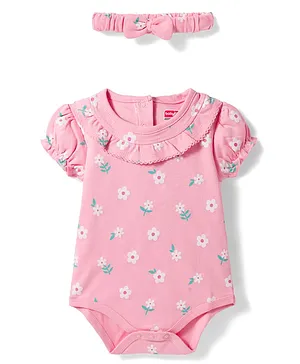 Babyhug 100% Cotton Knit Half Puffed
                              Sleeves Floral Printed Onesie with
                              Hairband - Light Pink