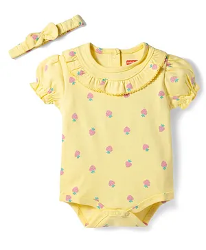Babyhug 100% Cotton Knit Half Puffed
                              Sleeves Strawberry Printed Onesie with
                              Hairband - Yellow