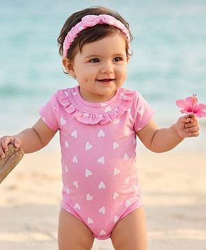 Babyhug 100% Cotton Knit Half Cap Sleeves Onesie with Headband & Heart Print - Pink
