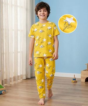 Pine Kids Cotton Knit Half Sleeves T-Shirt & Pyjama Co-ord Night Suit With Dino Print - Yellow