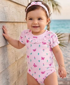 Babyhug 100% Cotton Knit Half Puffed Sleeves Onesie with Headband & Butterfly Print - Pink