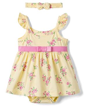 Babyhug 100% Cotton Single Jersey Knit Frock Style Onesie & Hairband With Floral Print - Yellow