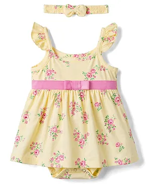 Babyhug 100% Cotton Single Jersey
                              Knit Frock Style Onesie & Hairband
                              With Floral Print - Yellow