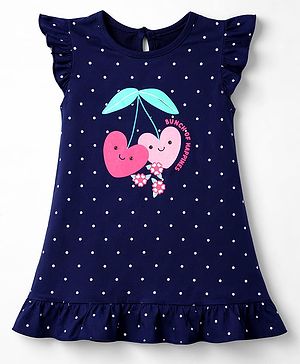 Babyhug Cotton Knit Half Sleeves Nighty with Heart & Polka Dot Print - Navy Blue